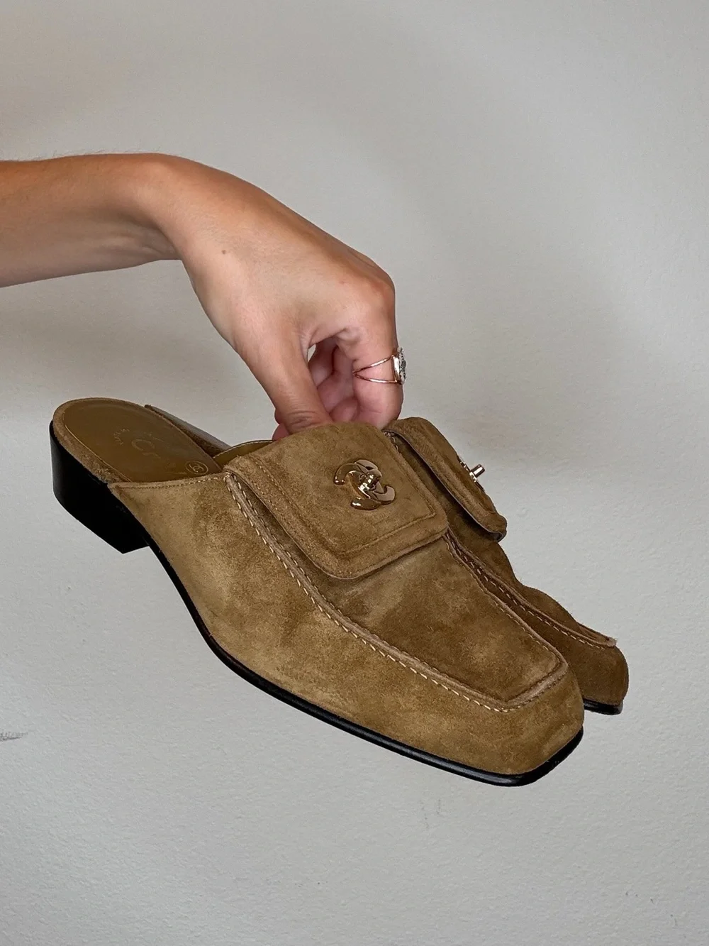 CHANEL Tan Suede Mule Loafers with Gold CC Turnlock Hardware